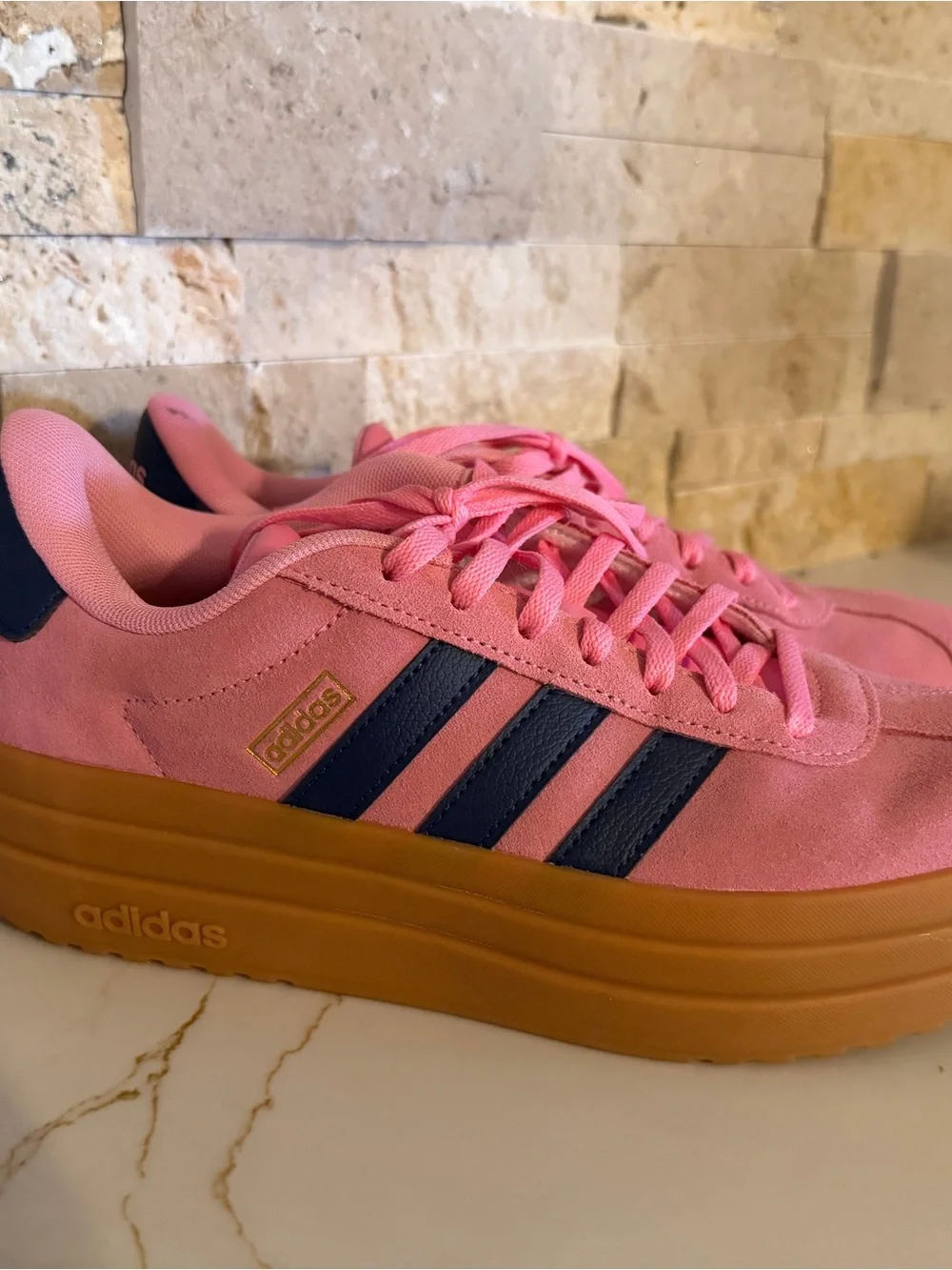 adidas Pink Suede Platform Sneakers with Navy Stripes and Gum Sole - Picture 4 of 4